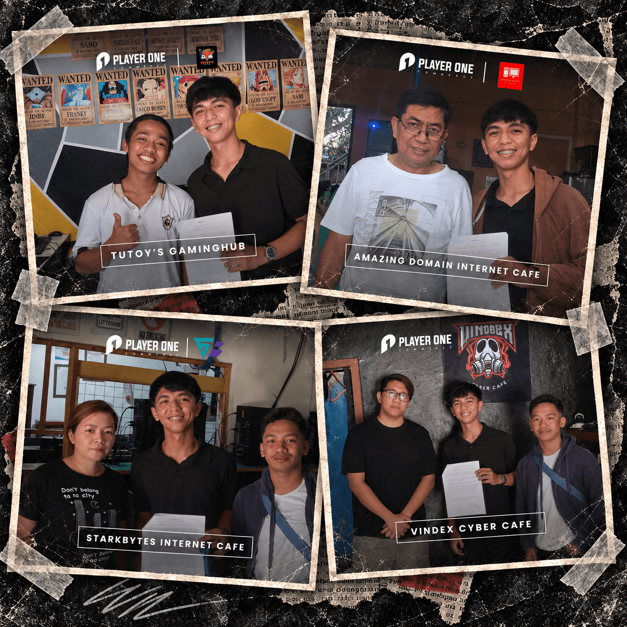 Player One's official partner gaming cafes: Tutoy's Gaminghub, Amazing Domain Internet Cafe, Starkbytes Internet Cafe, and Vindex Cyber Cafe